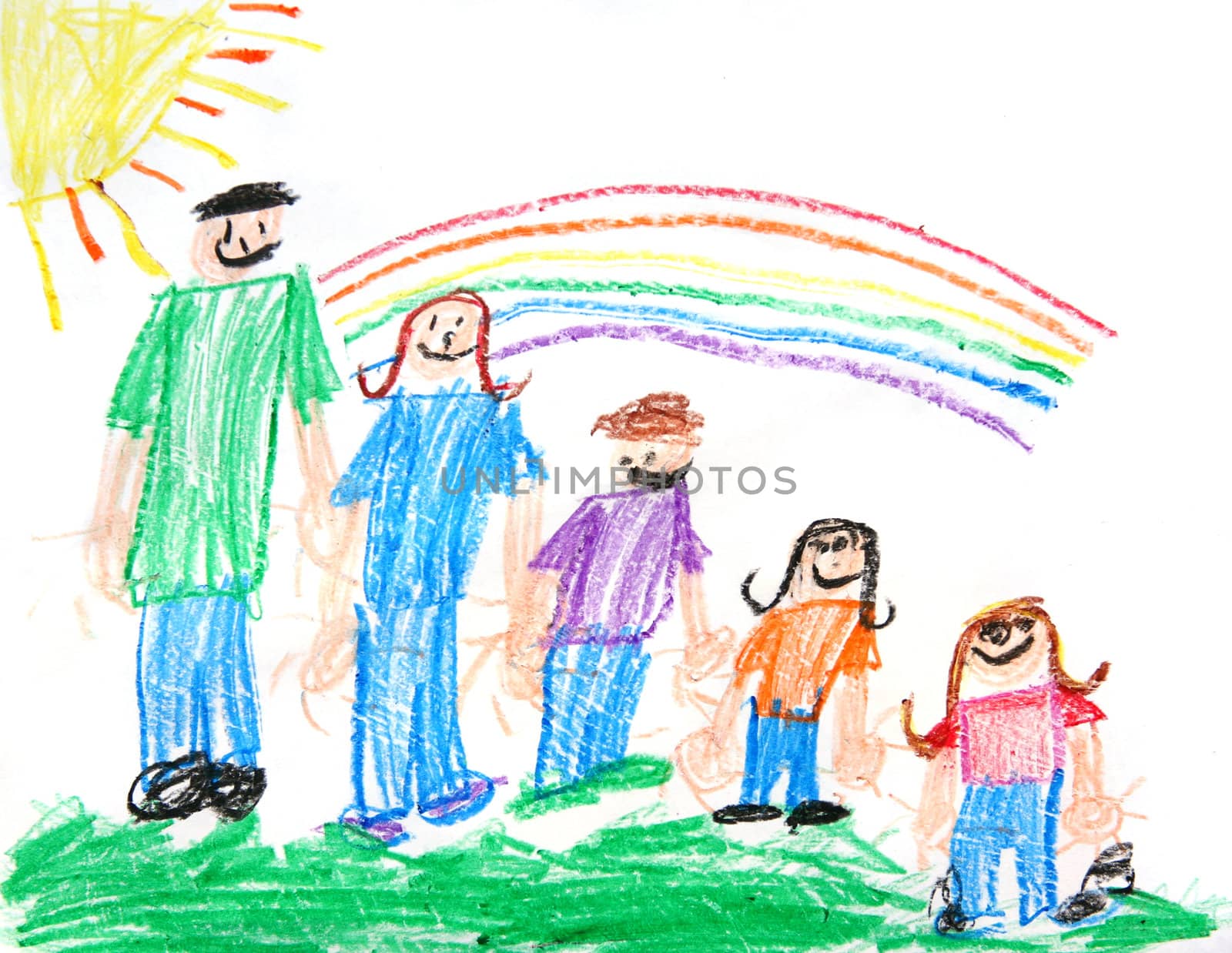 Childs Primitive Crayon Drawing of a Family of 5 People With a Sun and Rainbow