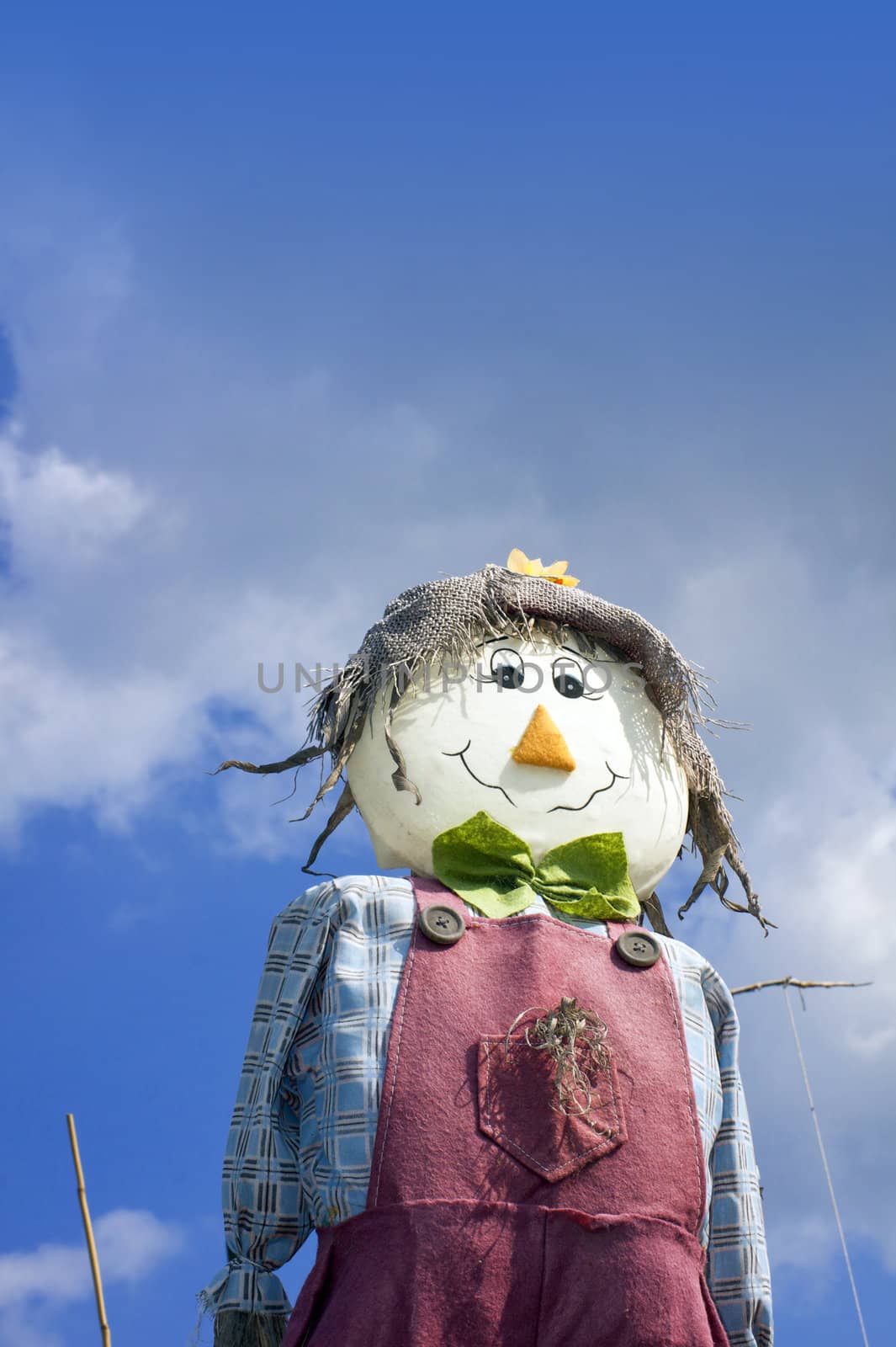 A smiling hand made scarecow stuffed with straw and wearing a red pair of dungarees with a blue checkered shirt , a green felt bow tie and a hesian hat. Set at a low angle against a blue sky background.