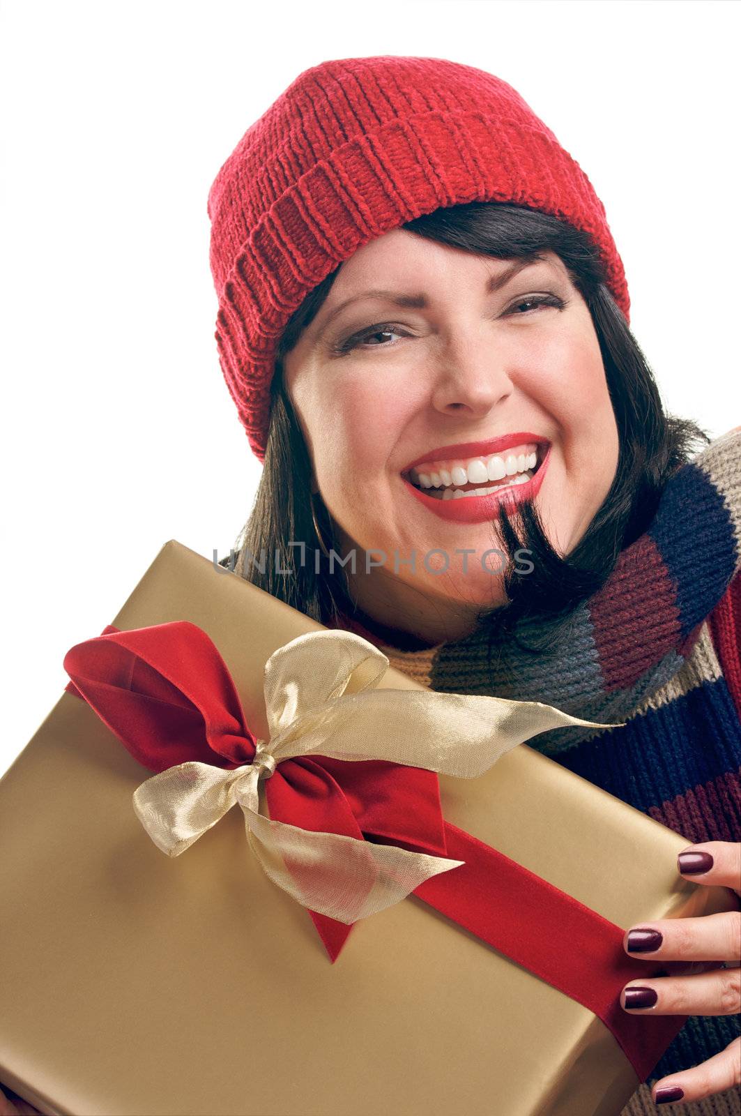 Attractive Woman Holds Holiday Gift Isolated on a White Background.