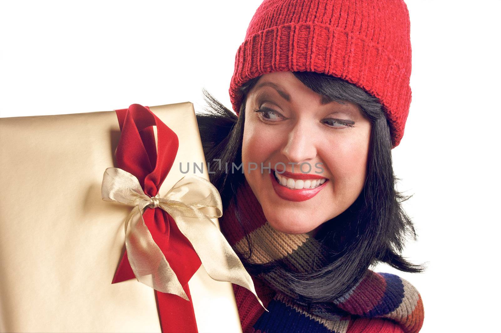 Attractive Woman Holds Holiday Gift Isolated on a White Background.