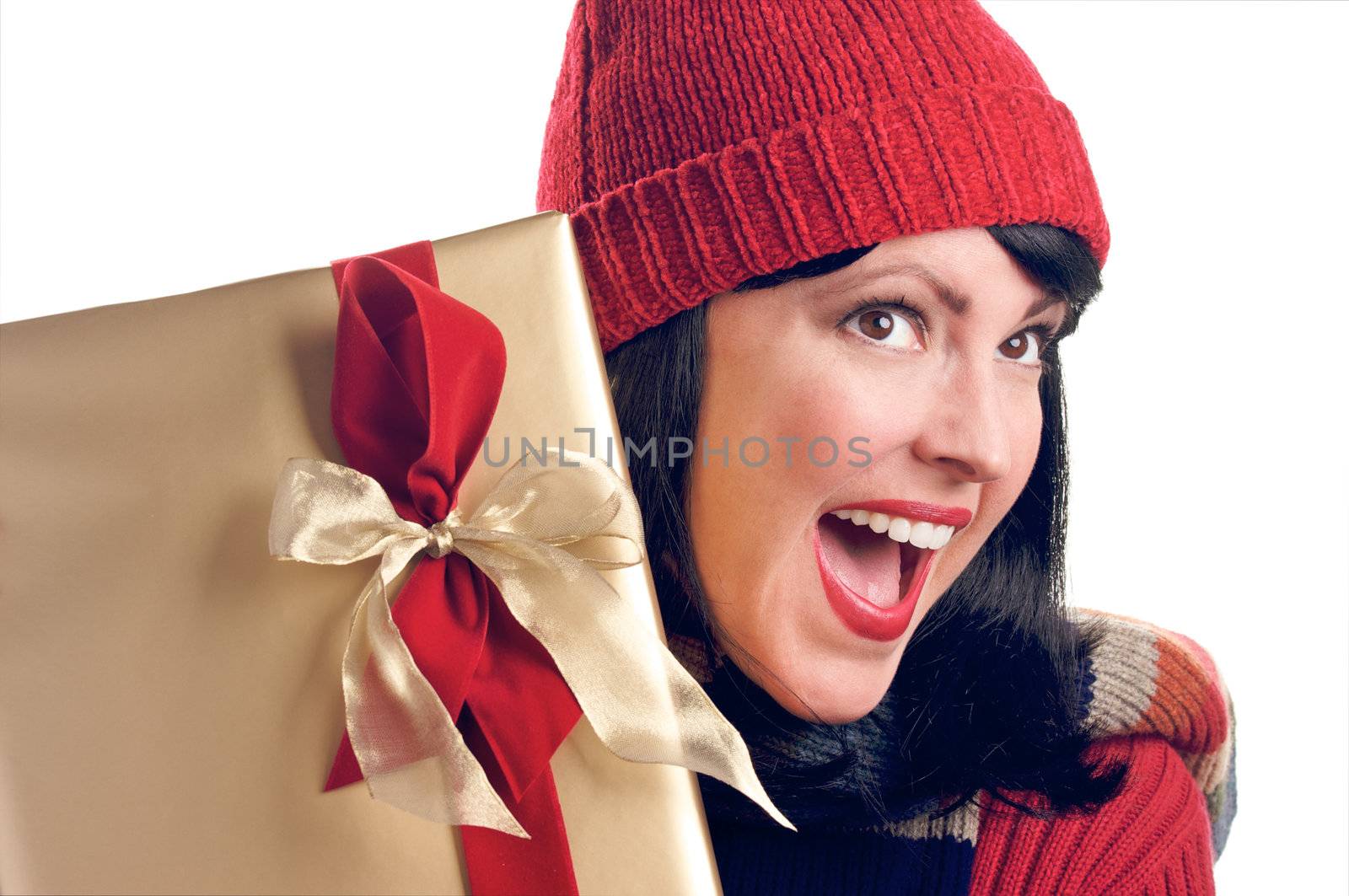 Attractive Woman Holds Holiday Gift Isolated on a White Background.