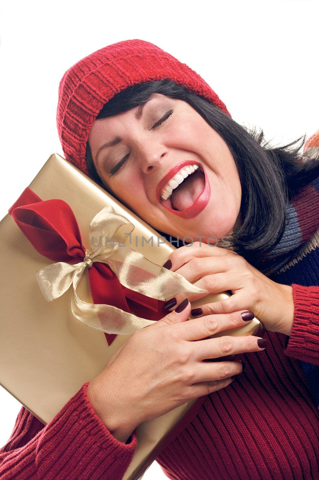 Attractive Woman Holds Holiday Gift Isolated on a White Background.