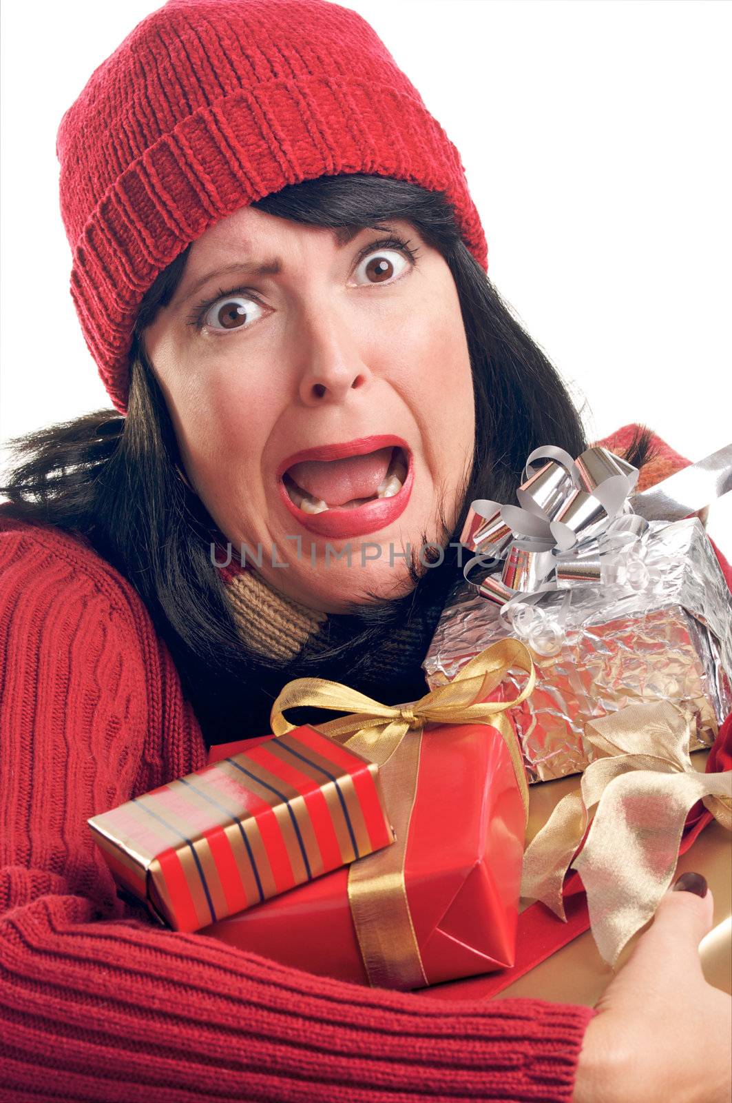 Attractive Woman Holds Holiday Gifts Isolated on a White Background.