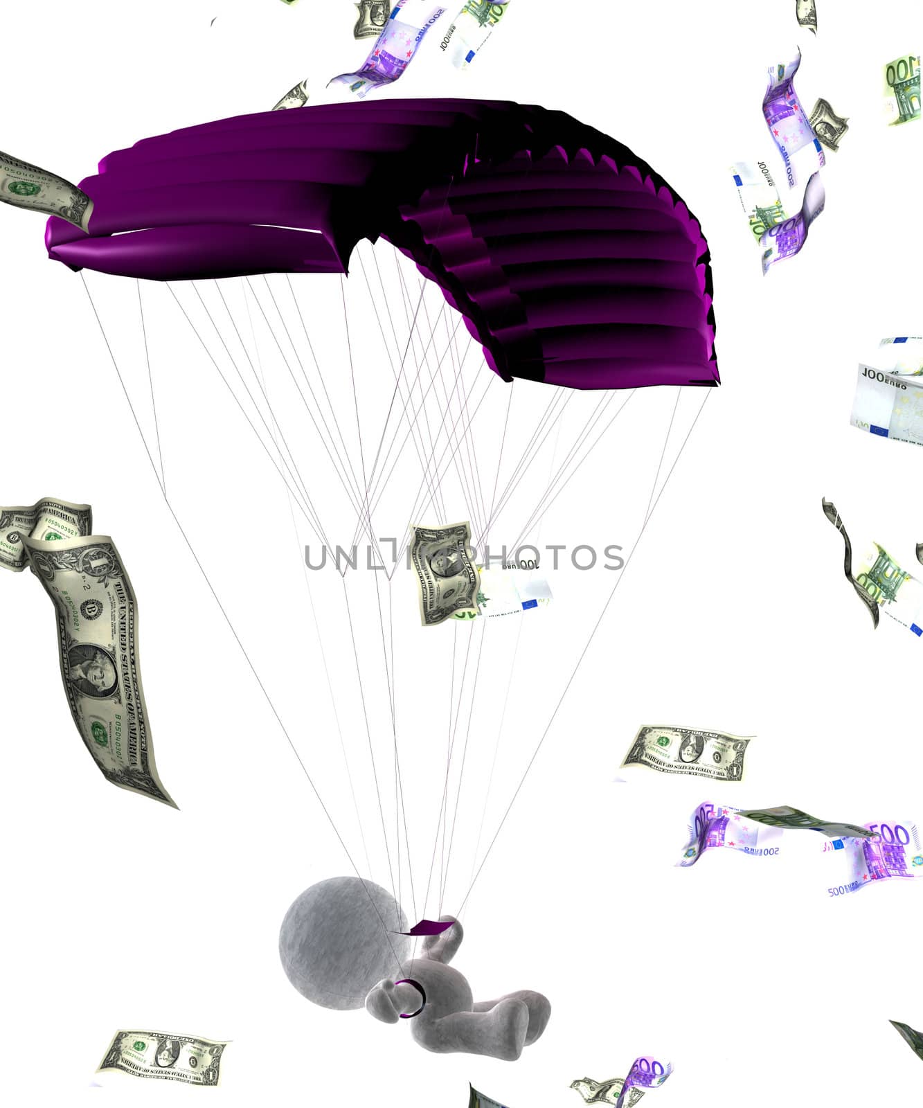 abstract 3D cartoon of a soft toy parachuter flying in bank notes