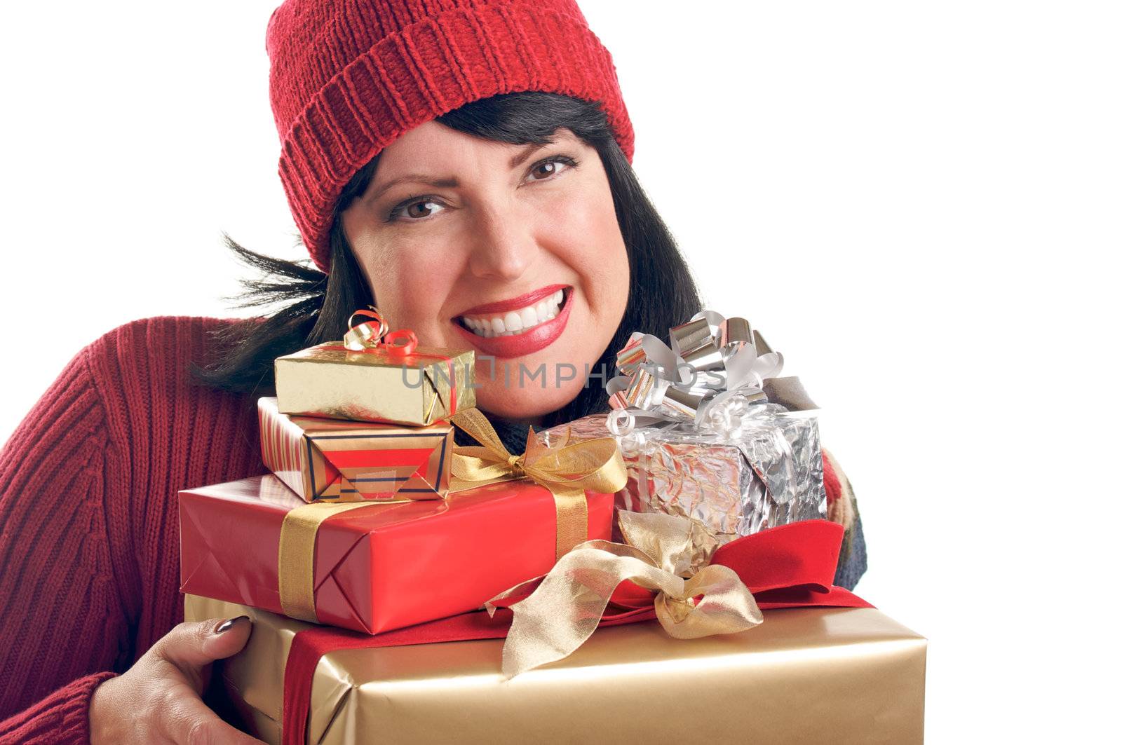 Attractive Woman Holds Holiday Gifts Isolated on a White Background.