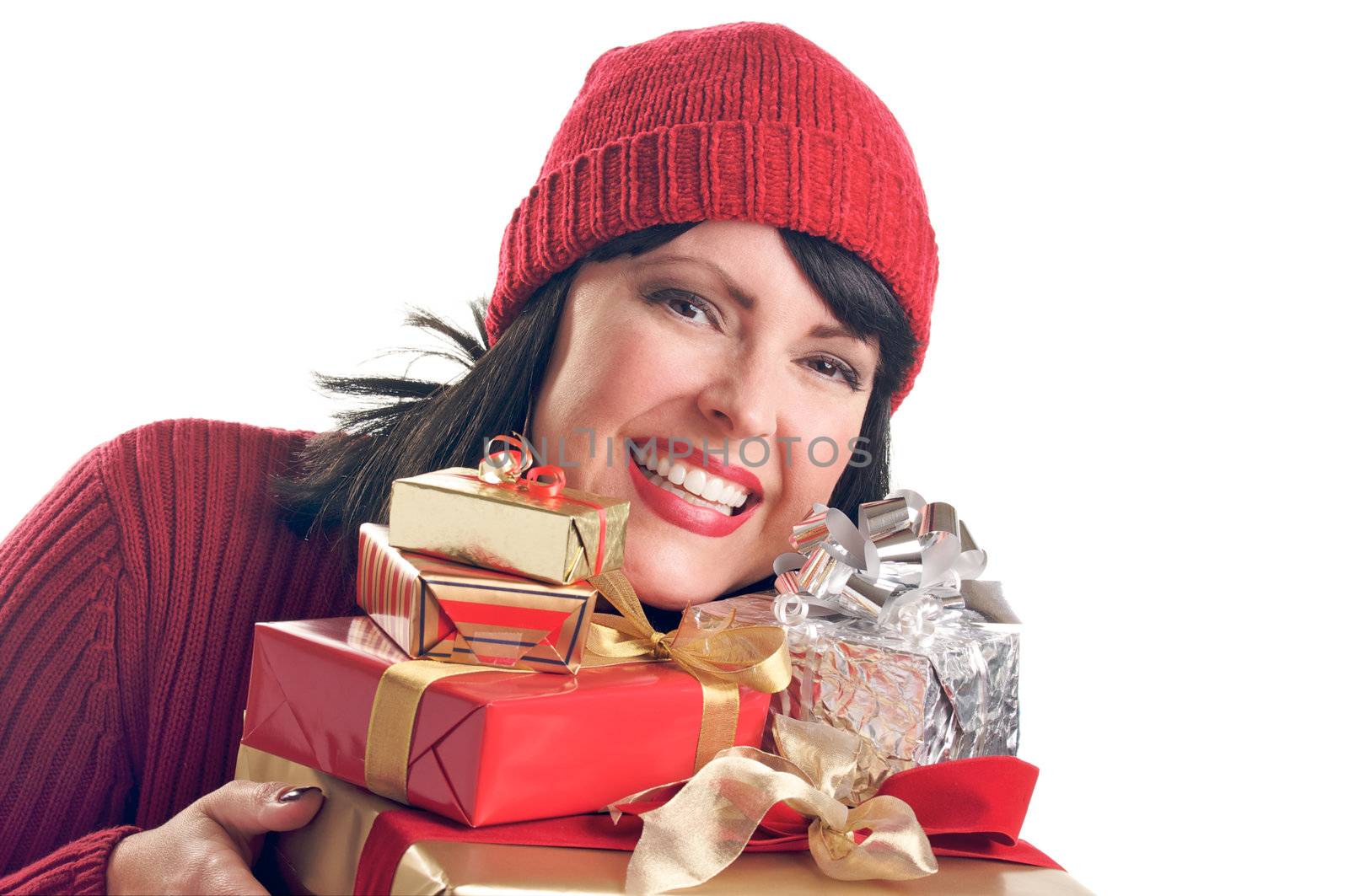 Attractive Woman Holds Holiday Gifts Isolated on a White Background.