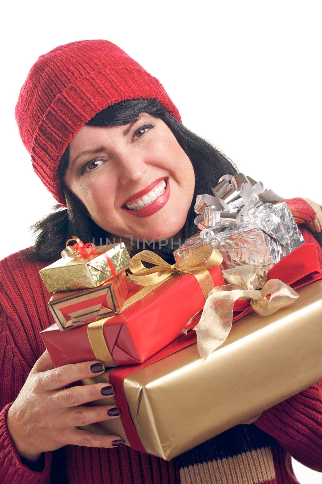 Attractive Woman Holds Holiday Gifts Isolated on a White Background.