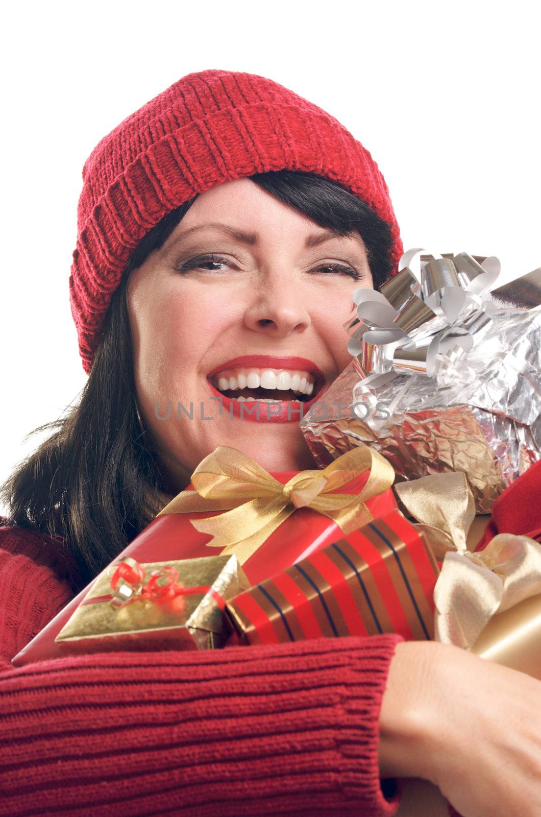 Attractive Woman Holds Holiday Gifts Isolated on a White Background.