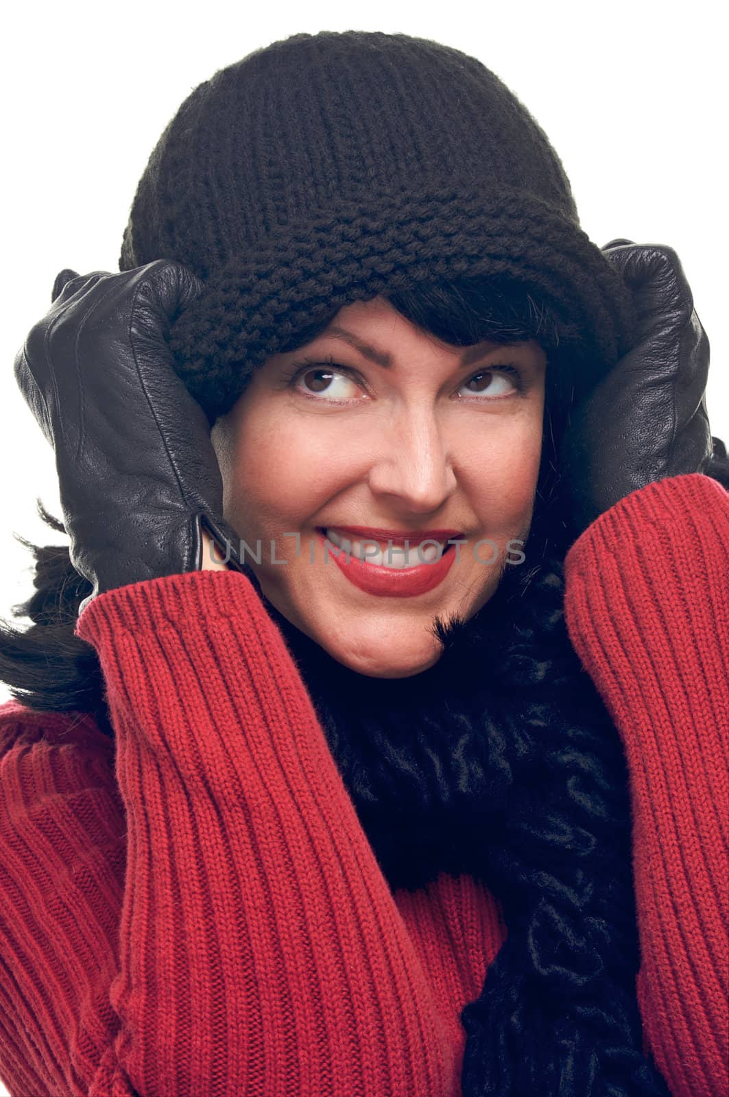 Attractive Woman Holds Her Cap Isolated on a White Background.