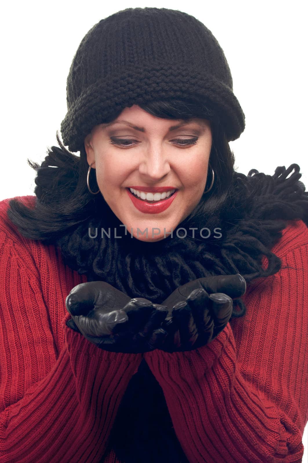 Attractive Woman Holds Her Hands Out Isolated on a White Background.