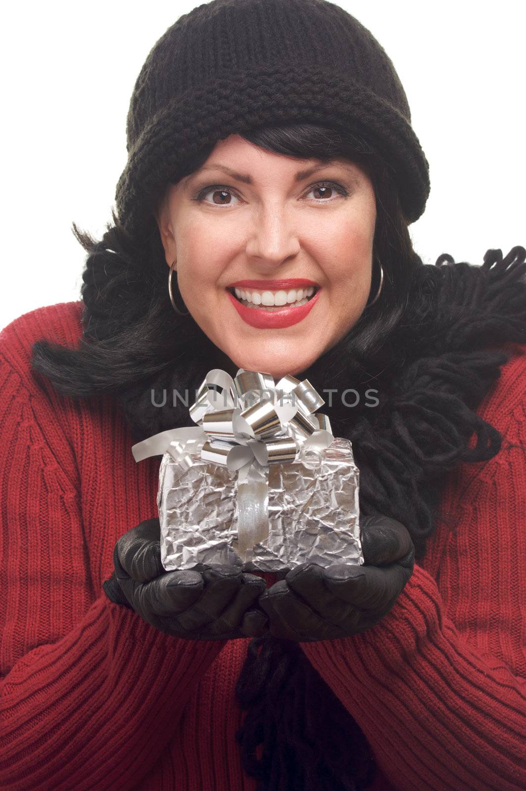 Attractive Woman Holds Holiday Gift Isolated on a White Background.