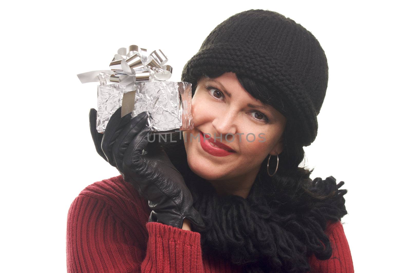 Attractive Woman Holds Holiday Gift Isolated on a White Background.