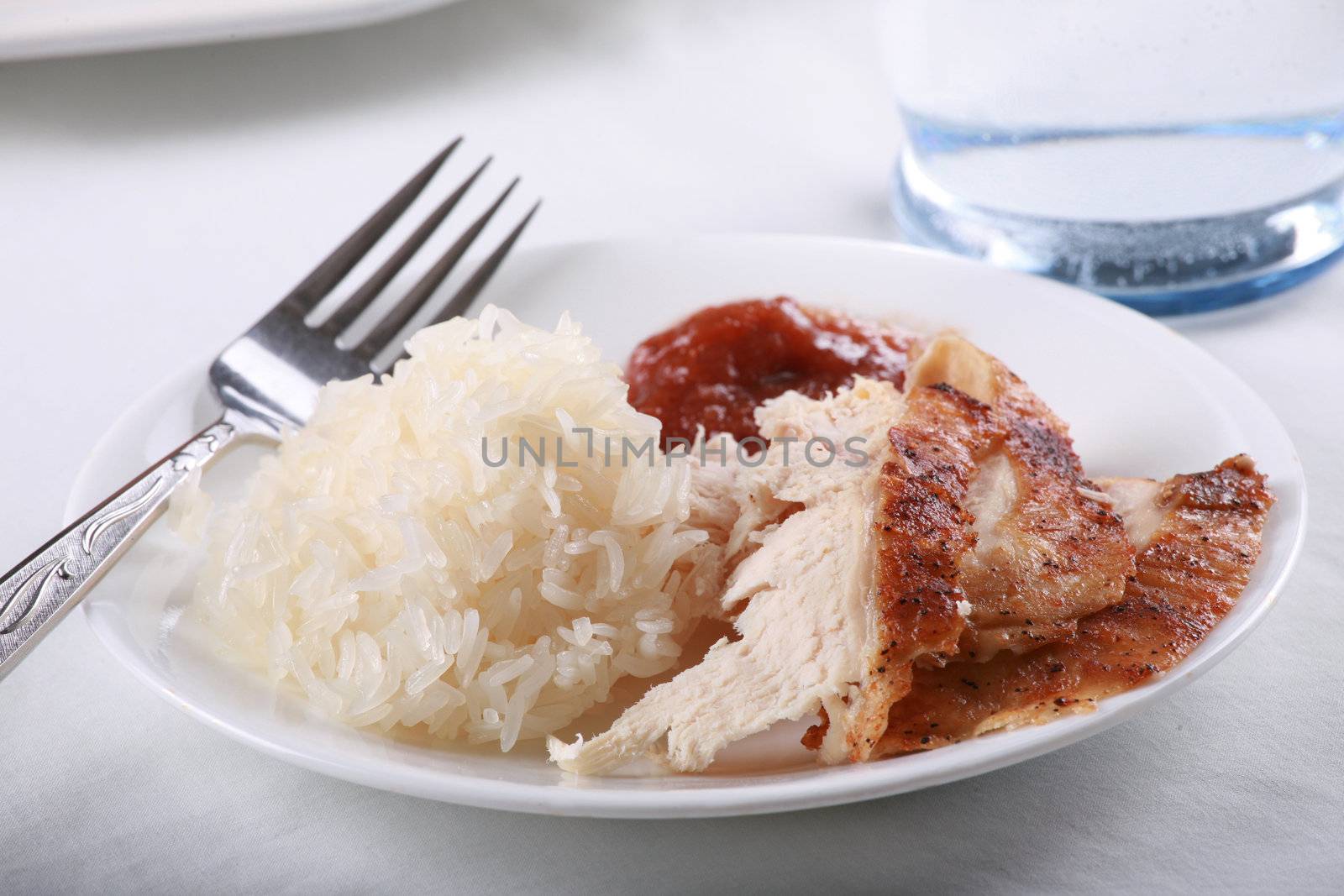 Chicken and rice meal  set on tabletop