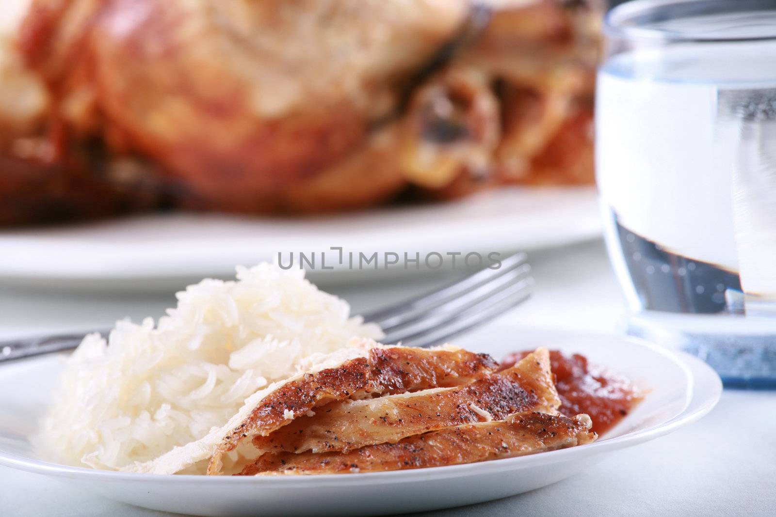 Chicken and rice meal  set on tabletop