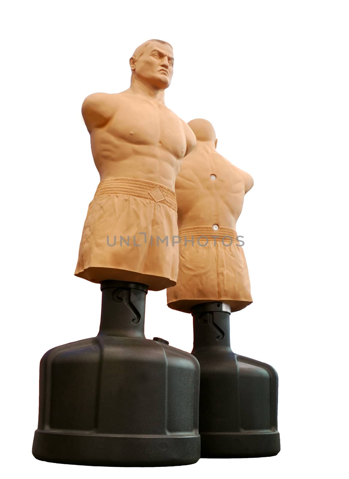 two body shaped punching bags for martial arts on white background