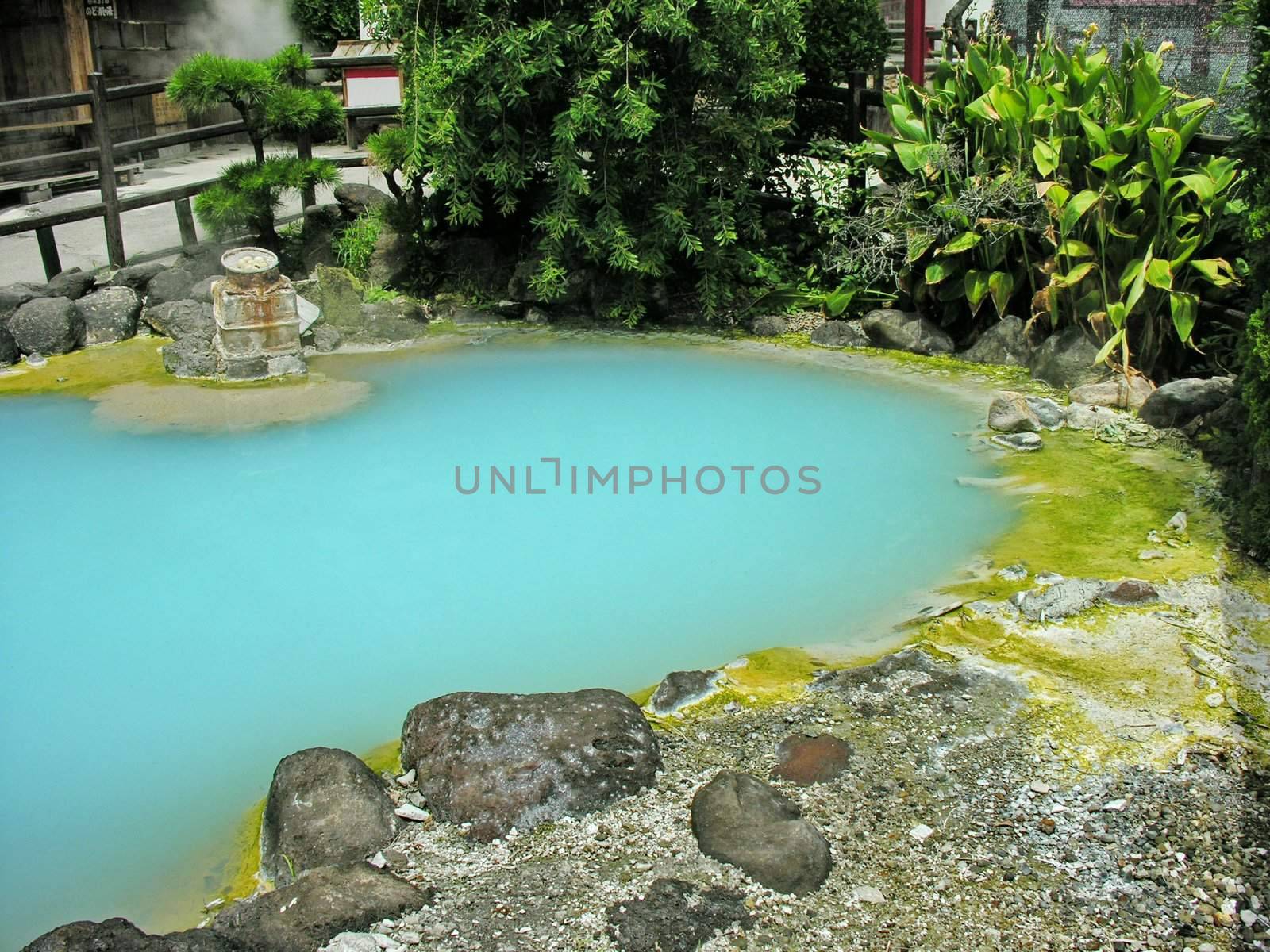 deep azure thermal hot pond with a boiled egg chest, Beppu The Hells, Japan