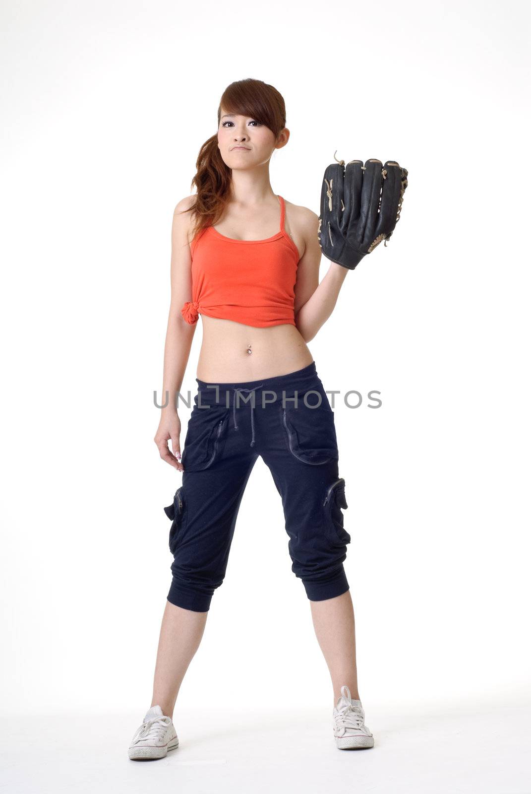 Portrait of sport girl with baseball glove isolated on white.