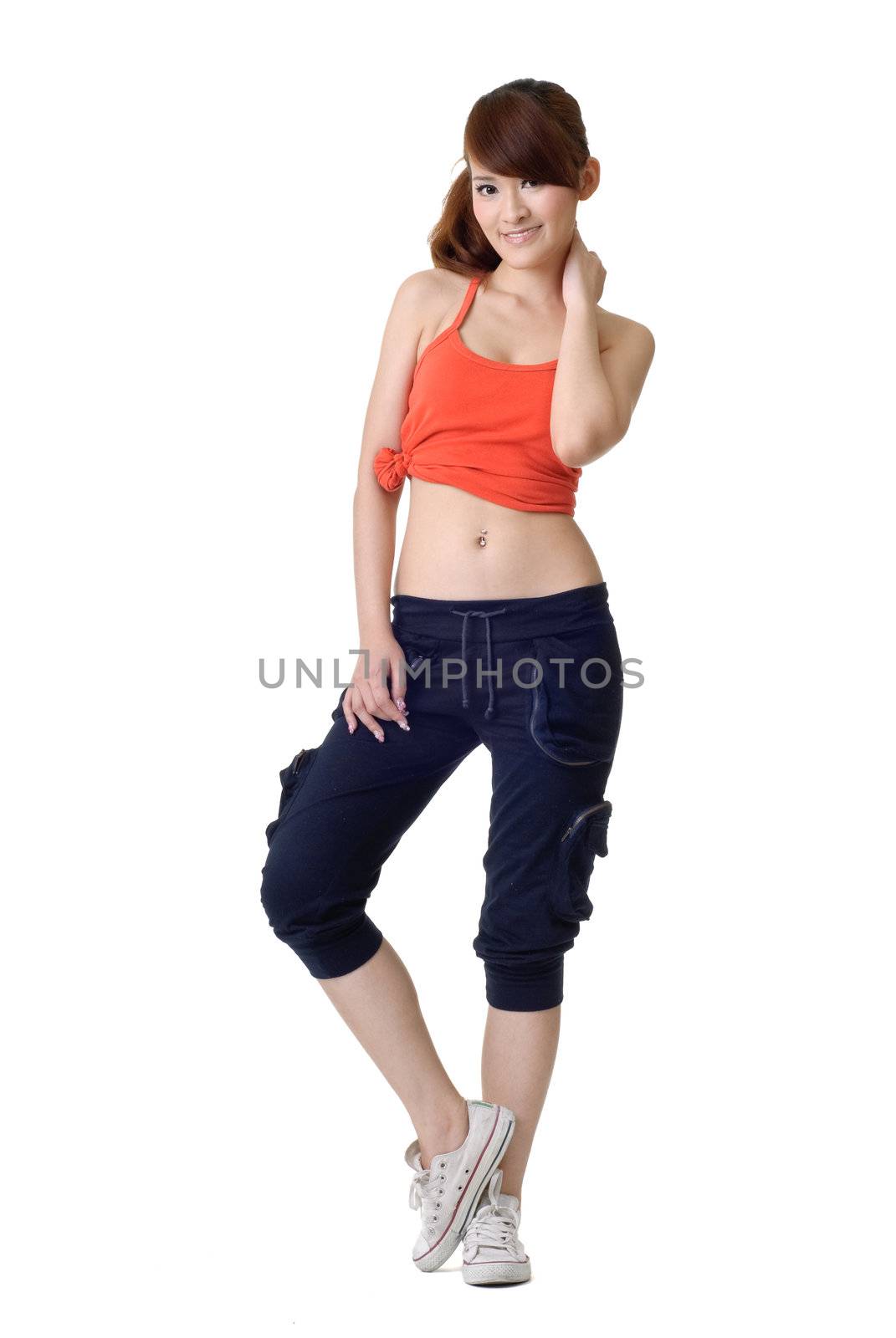 Portrait of athlete girl full length isolated on white.