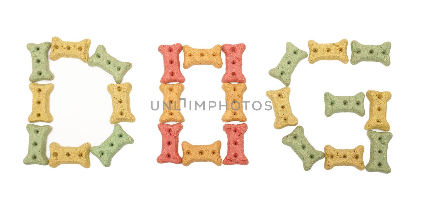 The word dog is spelt using treats in the shape of a bone.