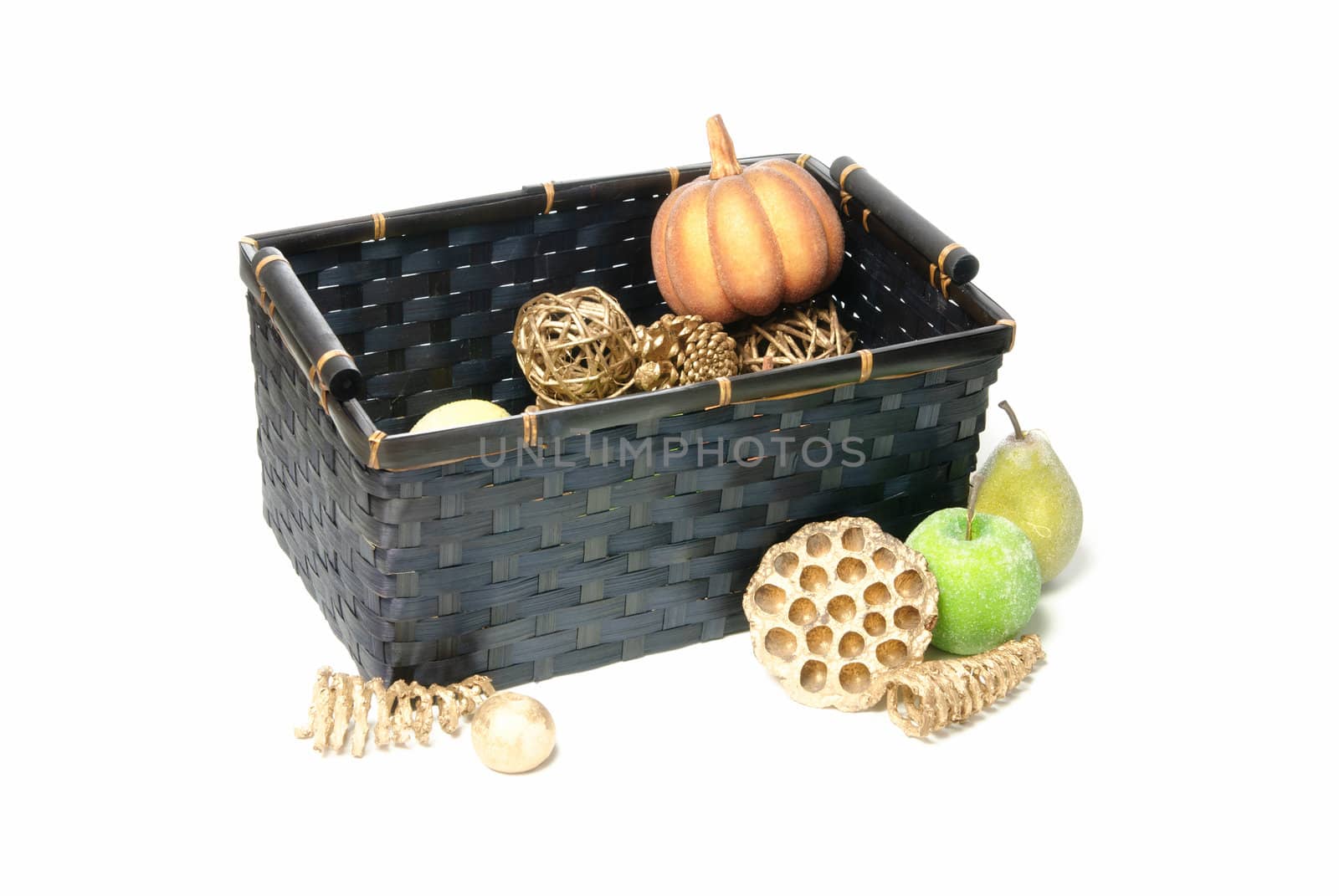 A basket of fake fruit isolated against a white background