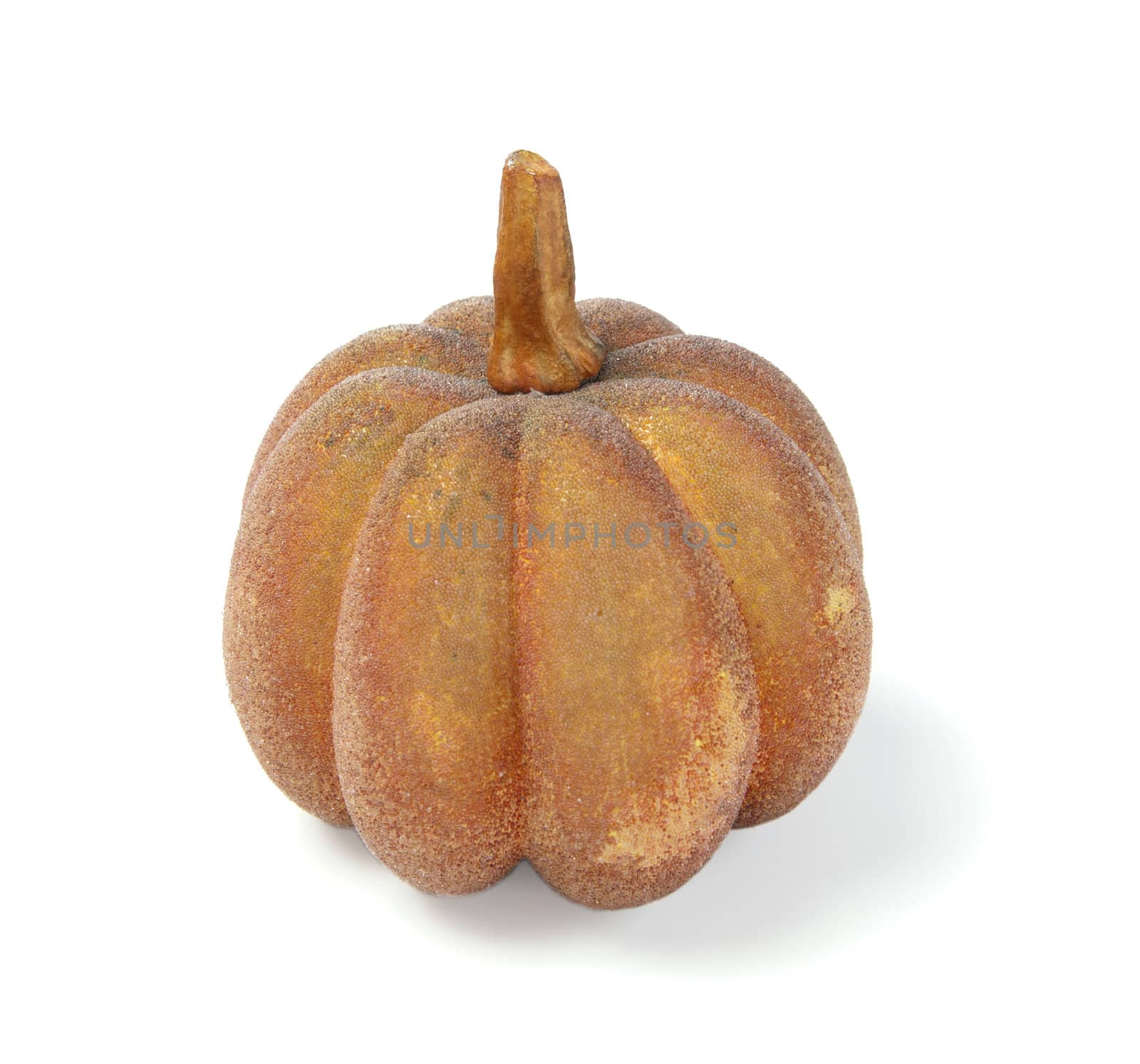 An artificial pumpkin isolated against a white background