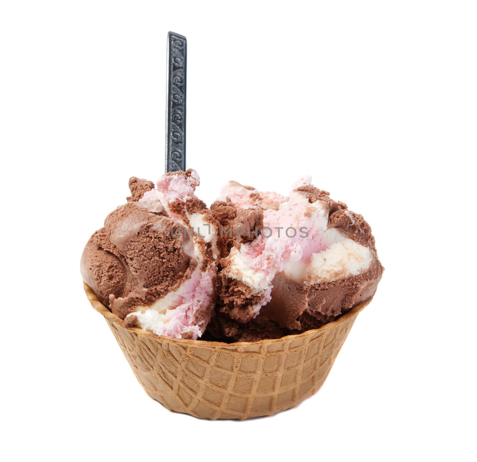 A wafer bowl of neapolitan ice cream, isolated against a white background.