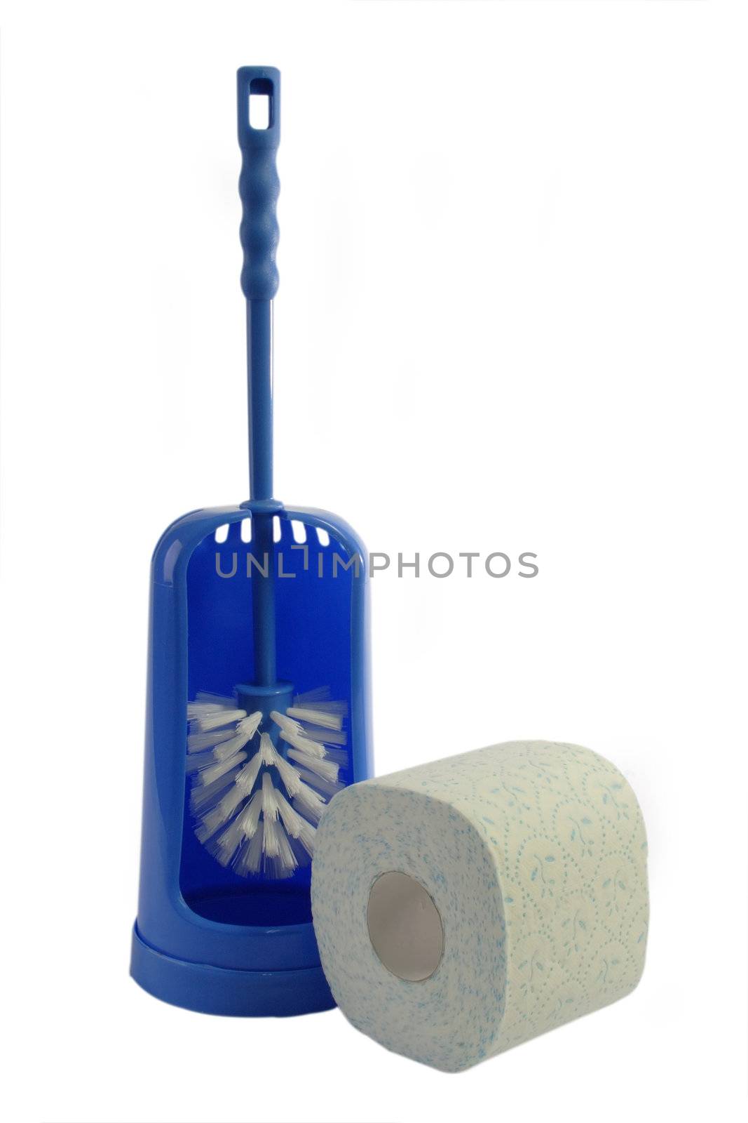 Toilet brush and toilet paper isolated on a white background