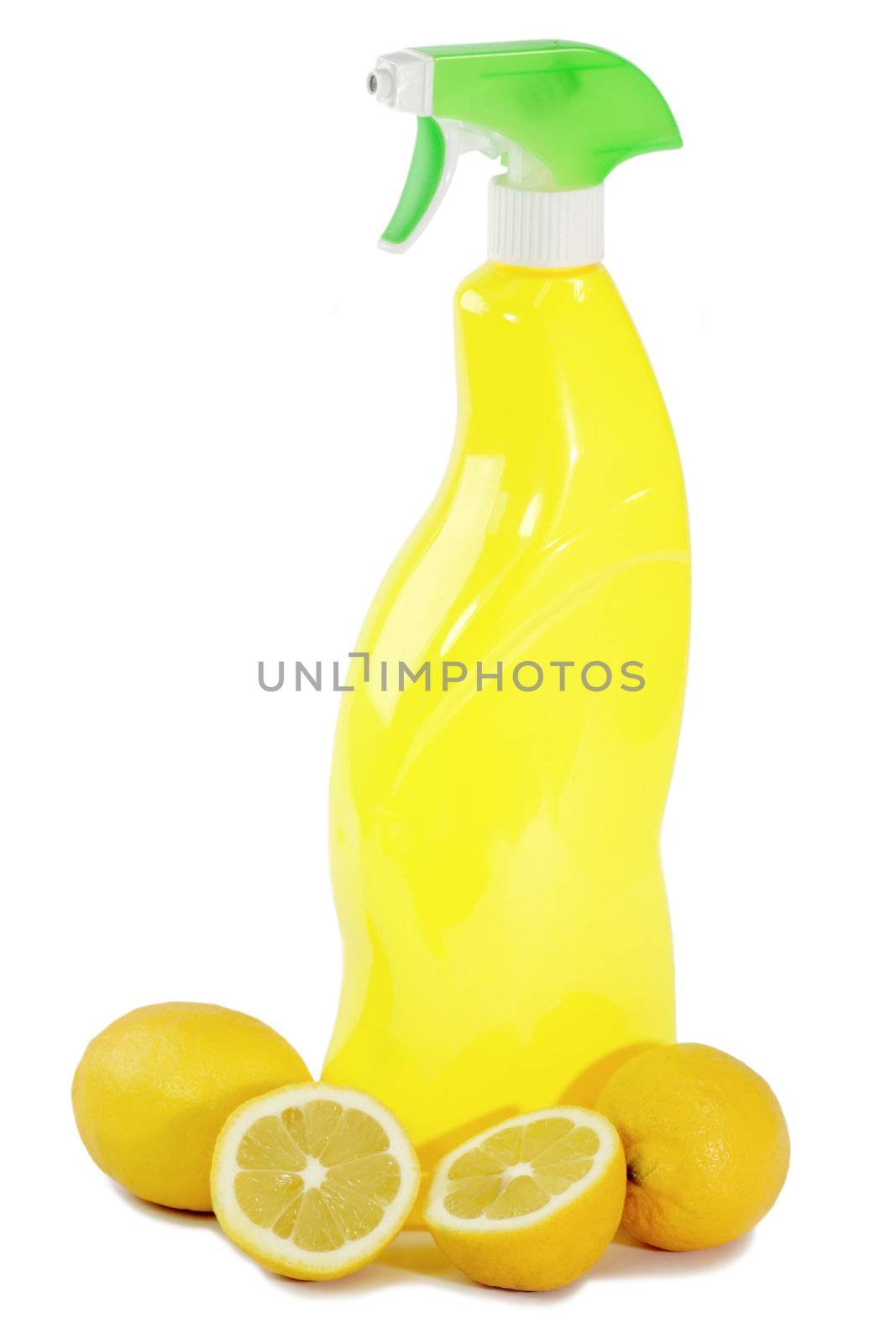 A yellow bottle of household cleaner spray with fresh lemons on bright background
