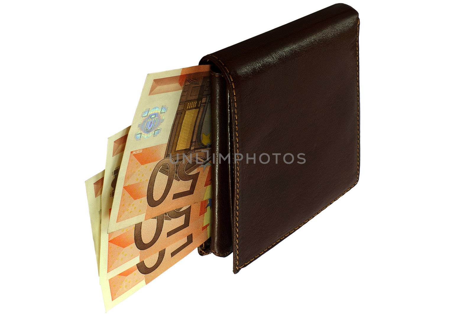 purse with cash on the white background