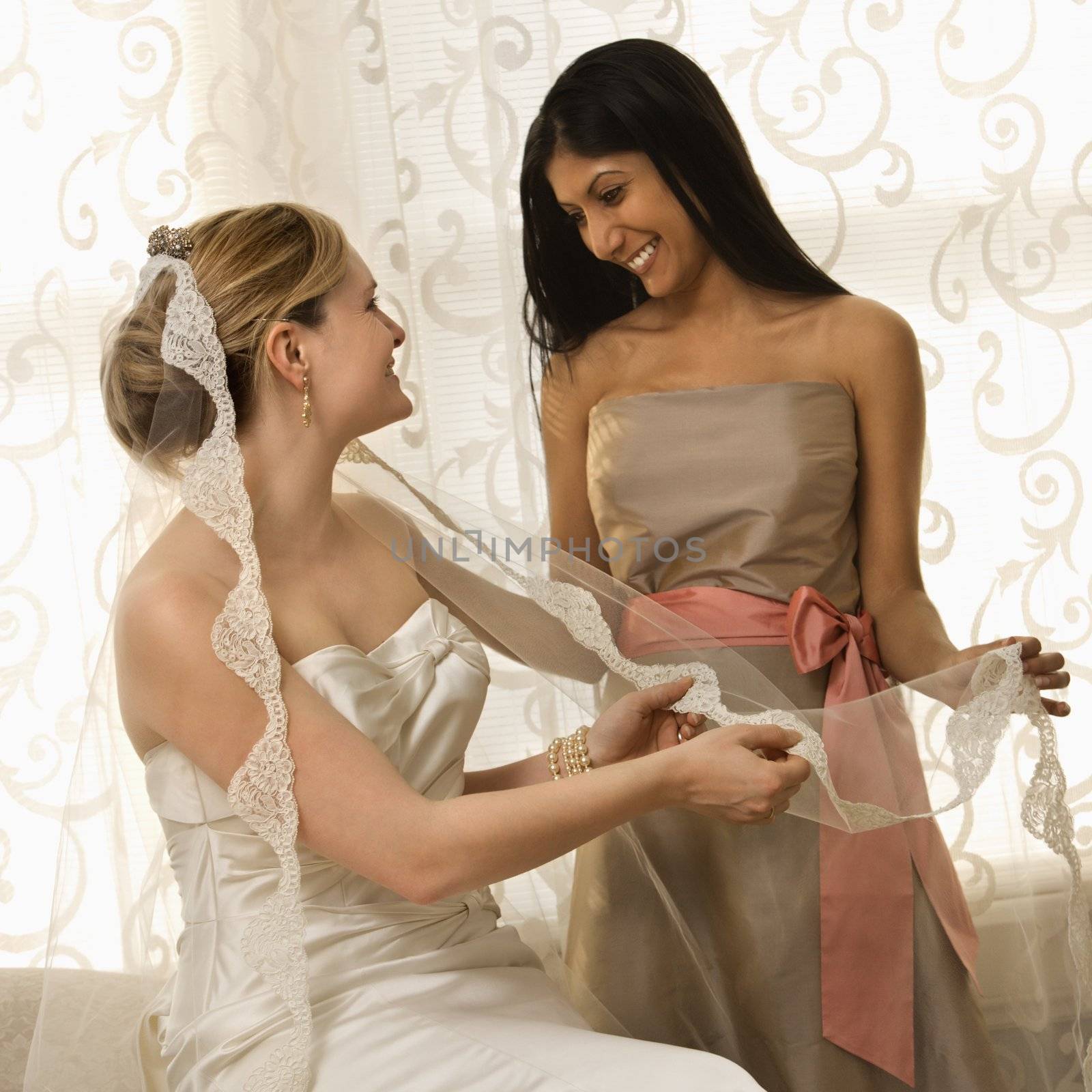 Bridesmaid holding bride's veil. by iofoto