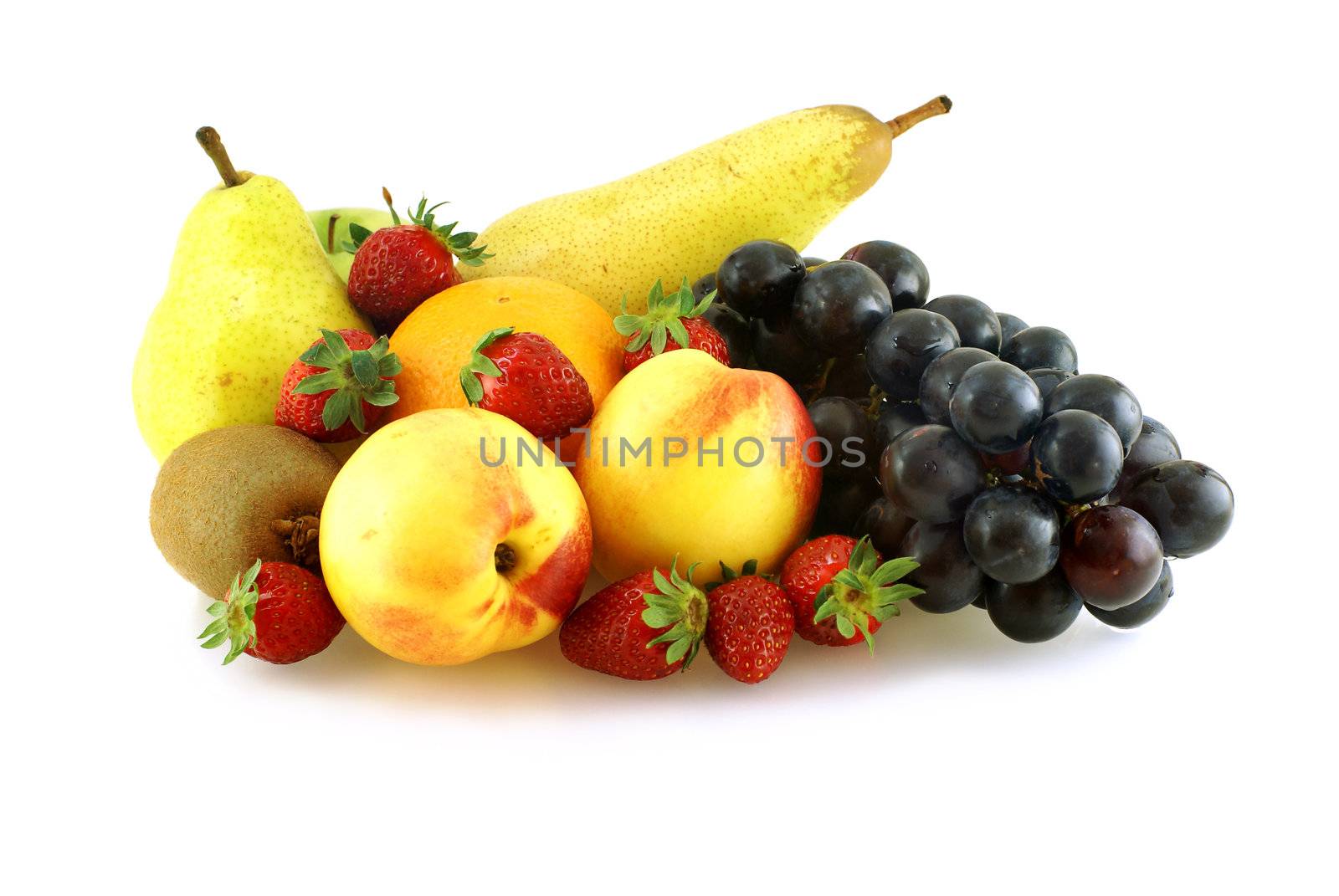 various of fresh ripe juicy fruites over white background