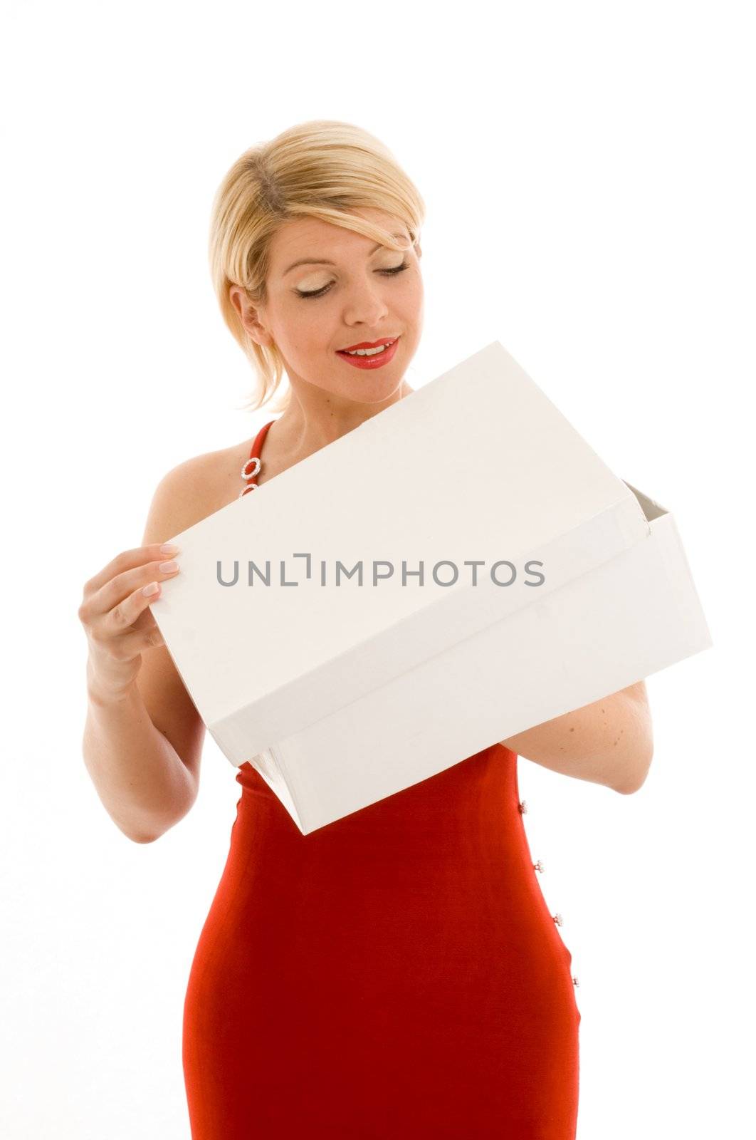 curious girl with blank white box