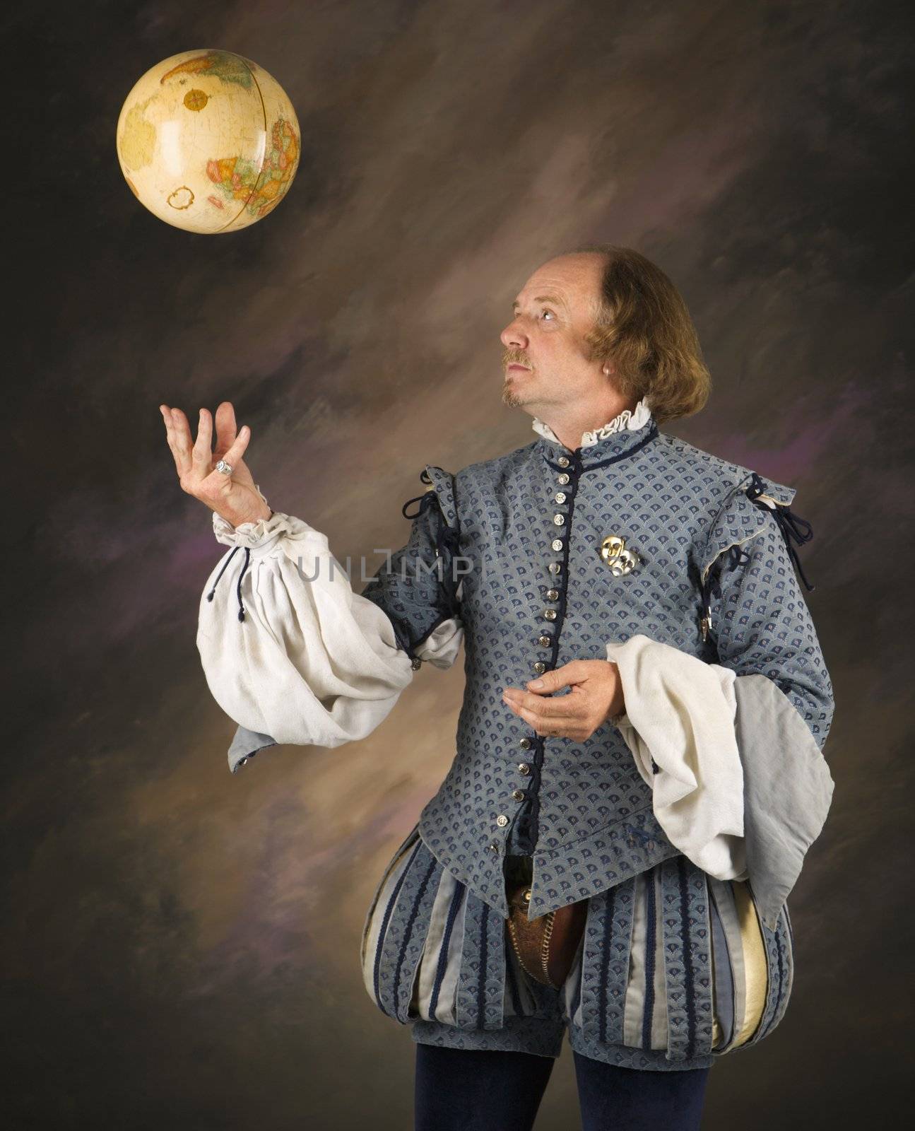 William Shakespeare in period clothing tossing globe into air.