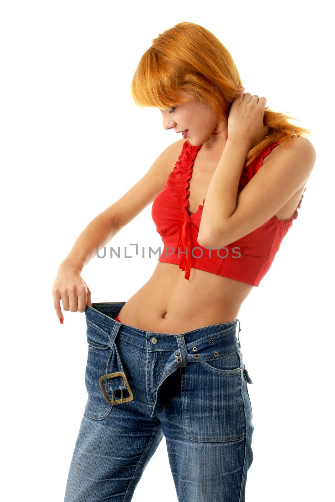 slim girl in big size jeans