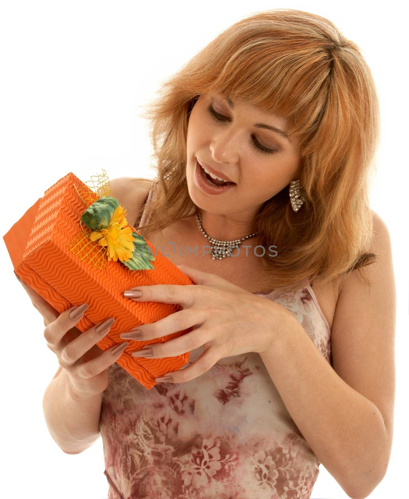 happy girl with orange gift box