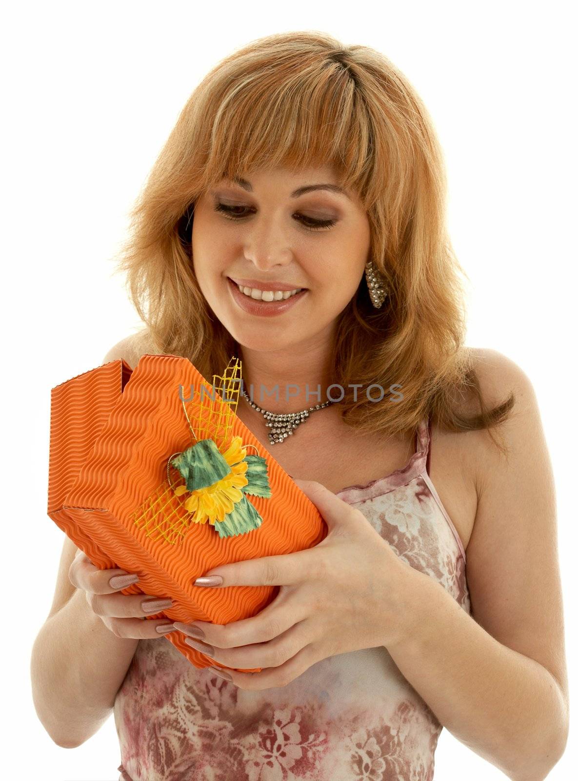 happy girl with orange gift box