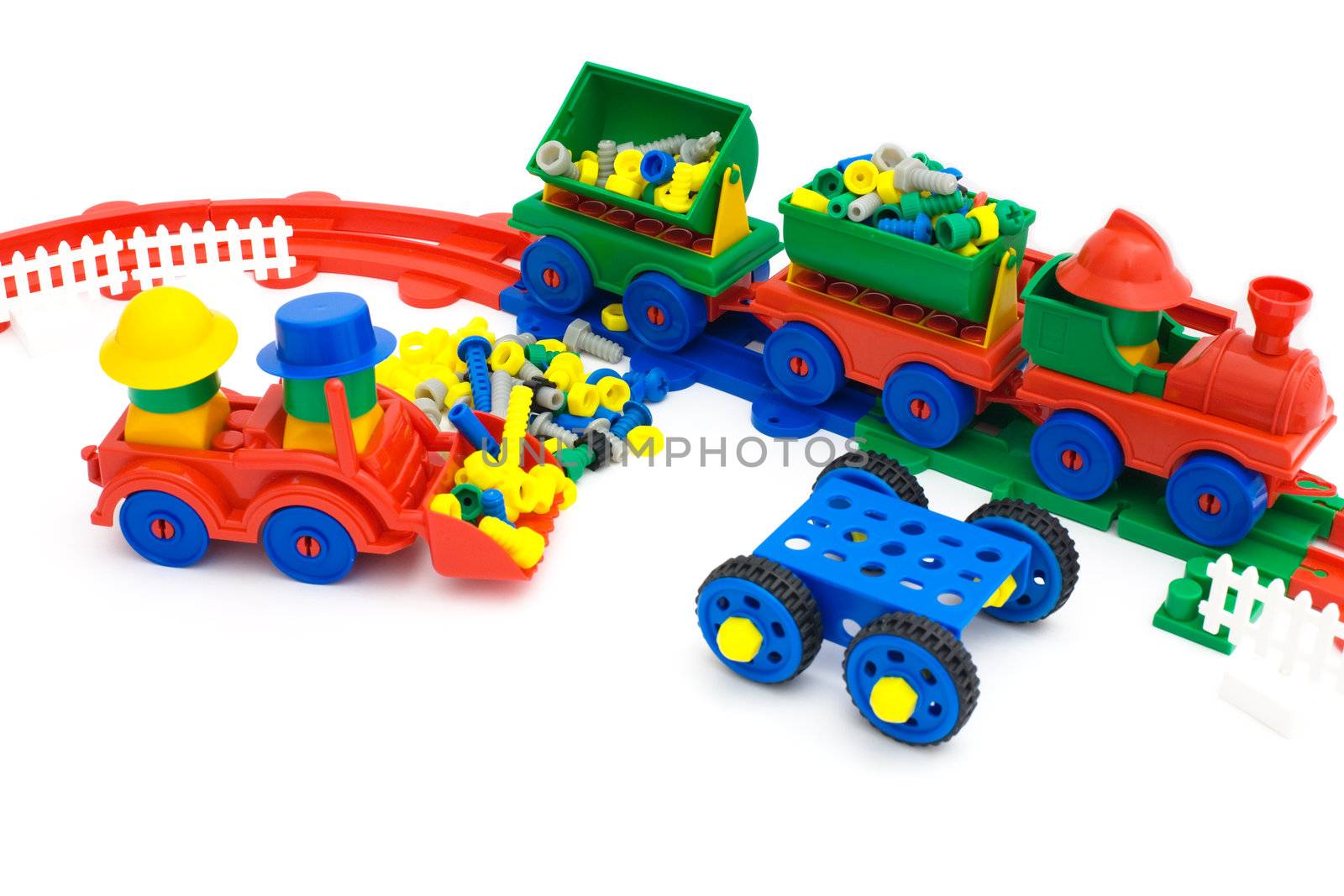 Toy colored plastic railway on the white background