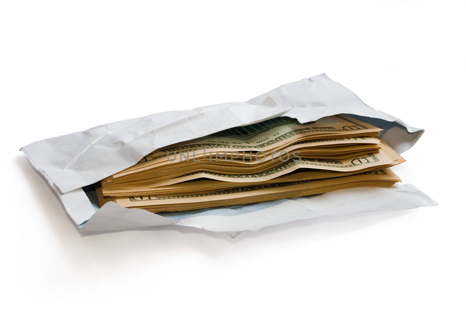 Stack of dolars in open envelope isolated on white. Clipping path included. Concept of coruption, illegal proffit, racketeering.