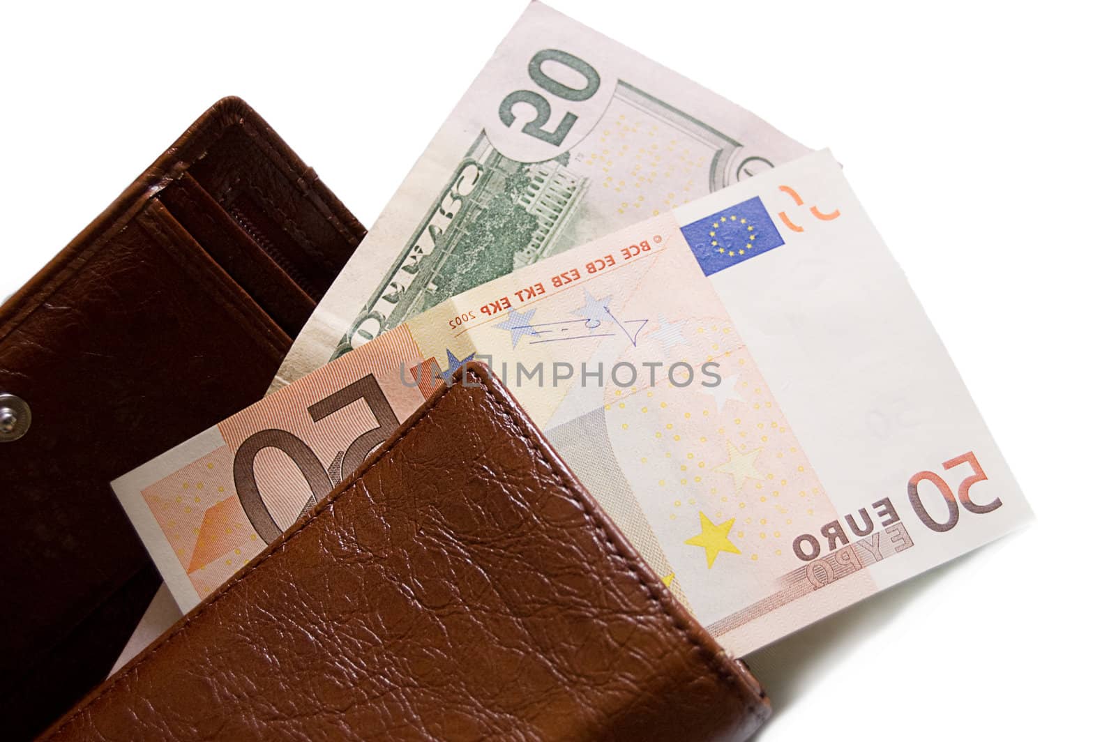 Fifty dollar and euro banknotes in wallet