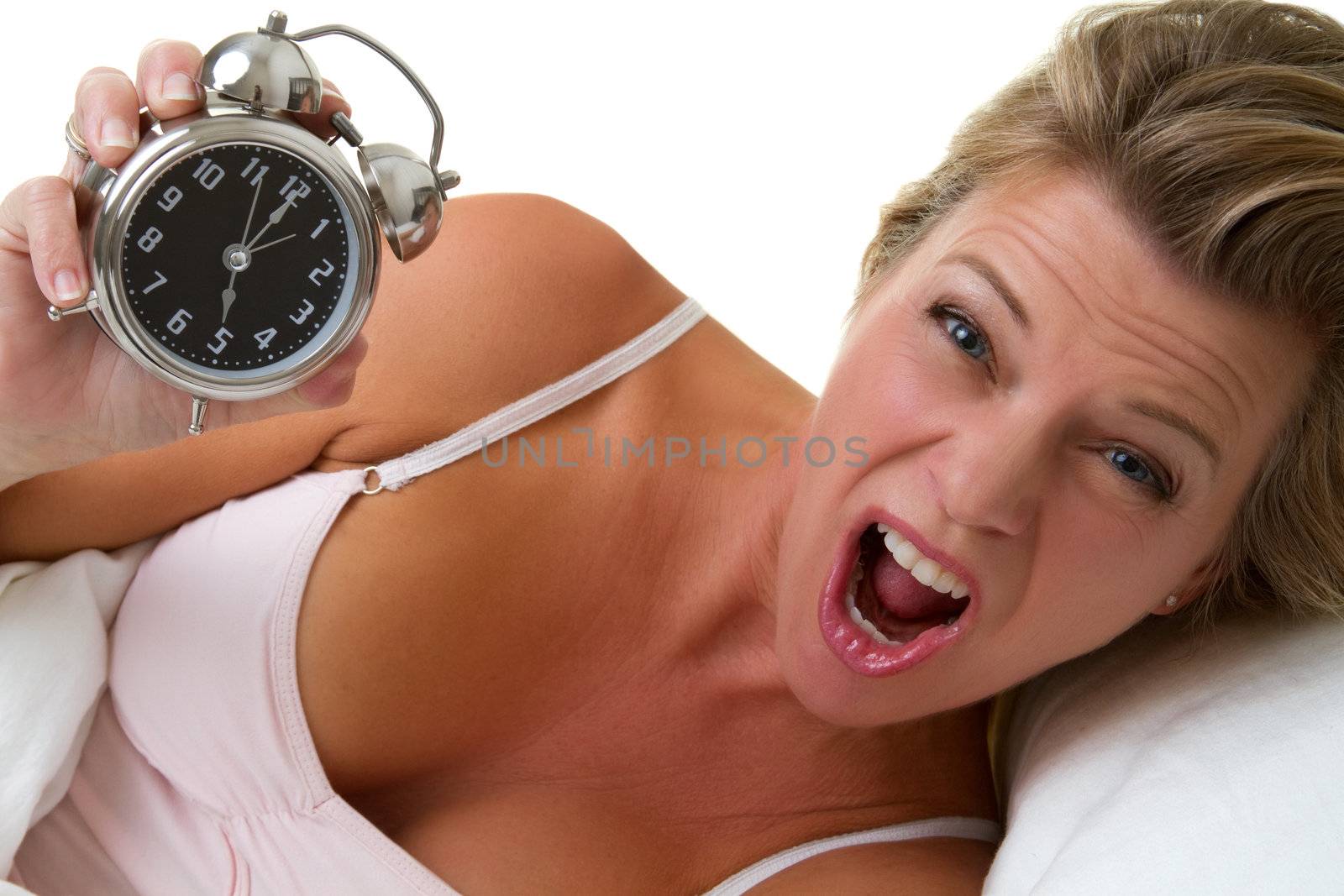 Screaming woman holding alarm clock