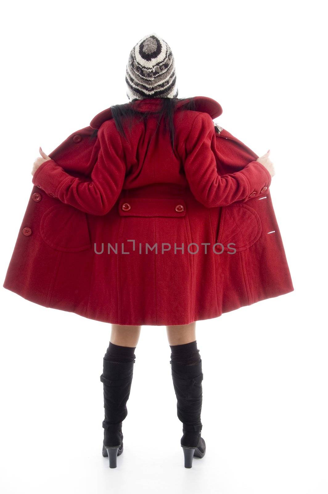 full body pose of american woman in overcoat on an isolated background
