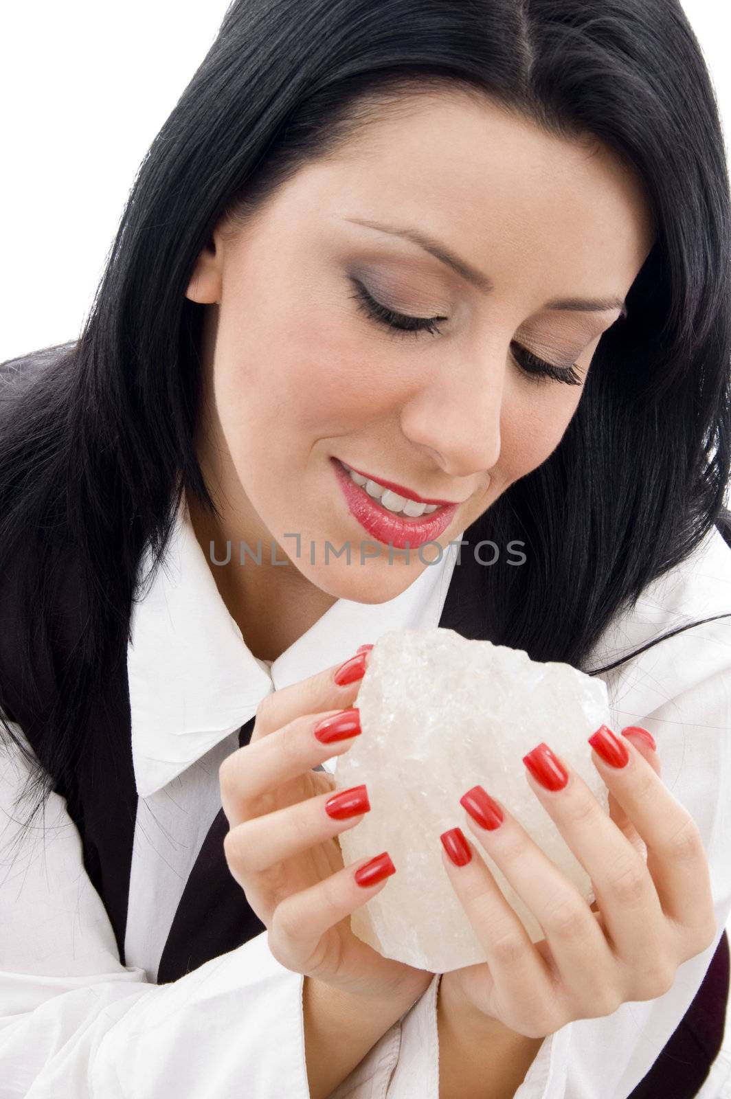 american woman holding a rock with white background