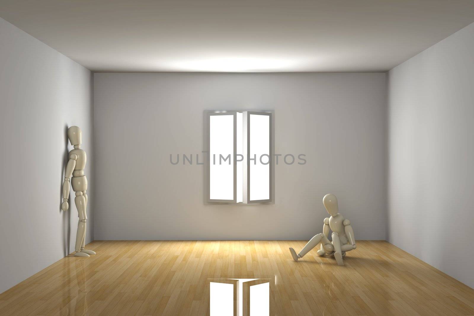 3D rendered Interior. Melancholic in a empty room.