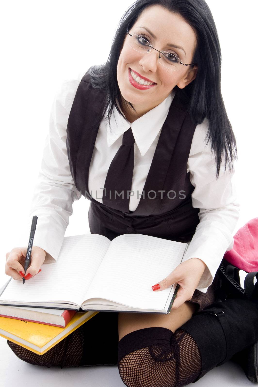 female student making her notes with white background