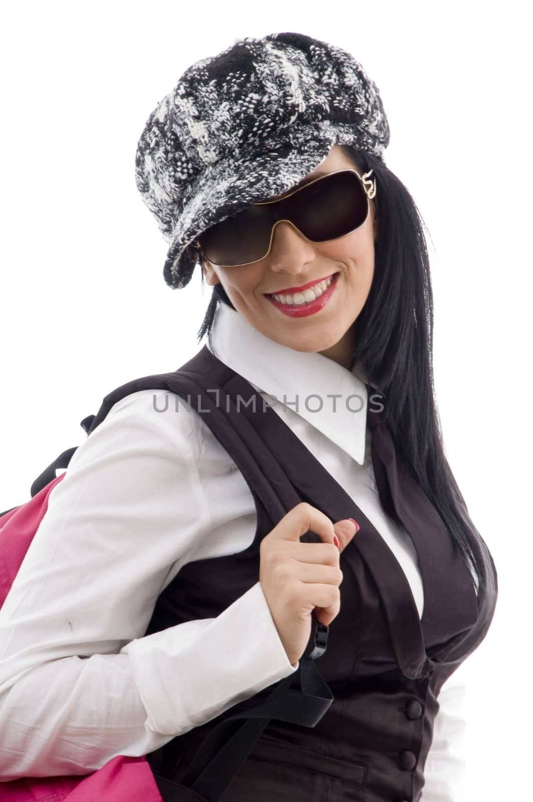 student with school bag on an isolated white background