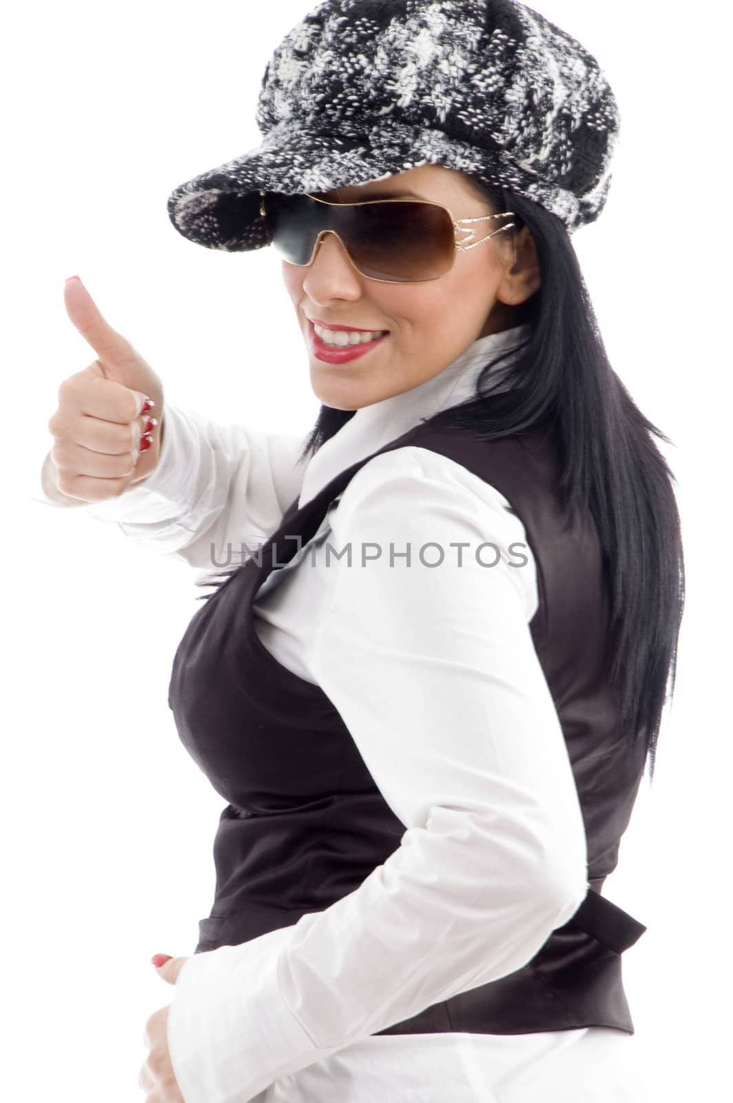 portrait of caucasian female with thumbs up on an isolated background