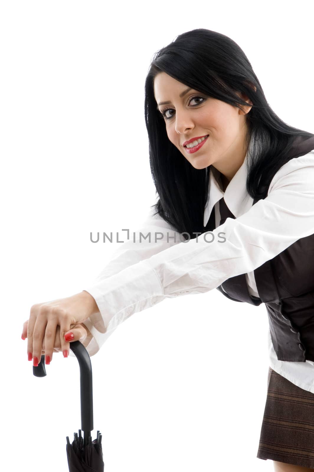 young female holding umbrella on an isolated white background