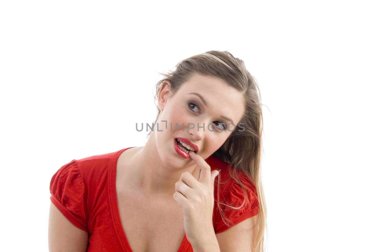 american woman biting her finger with white background
