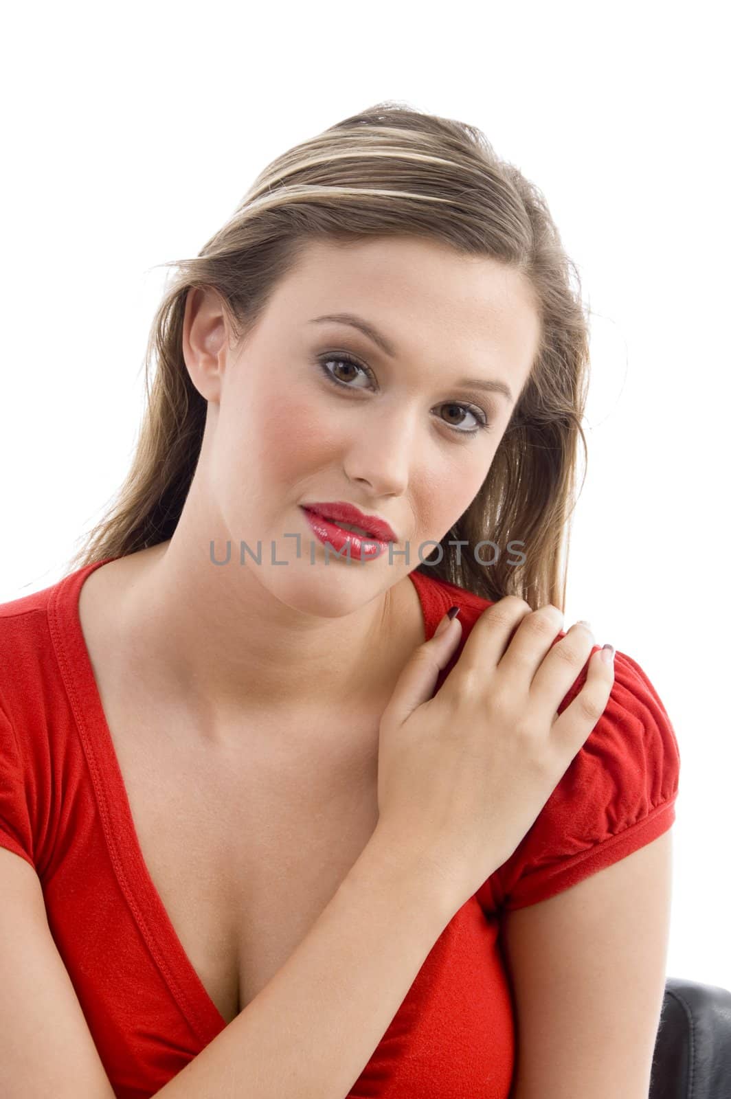 young woman looking at camera on an isolated white background