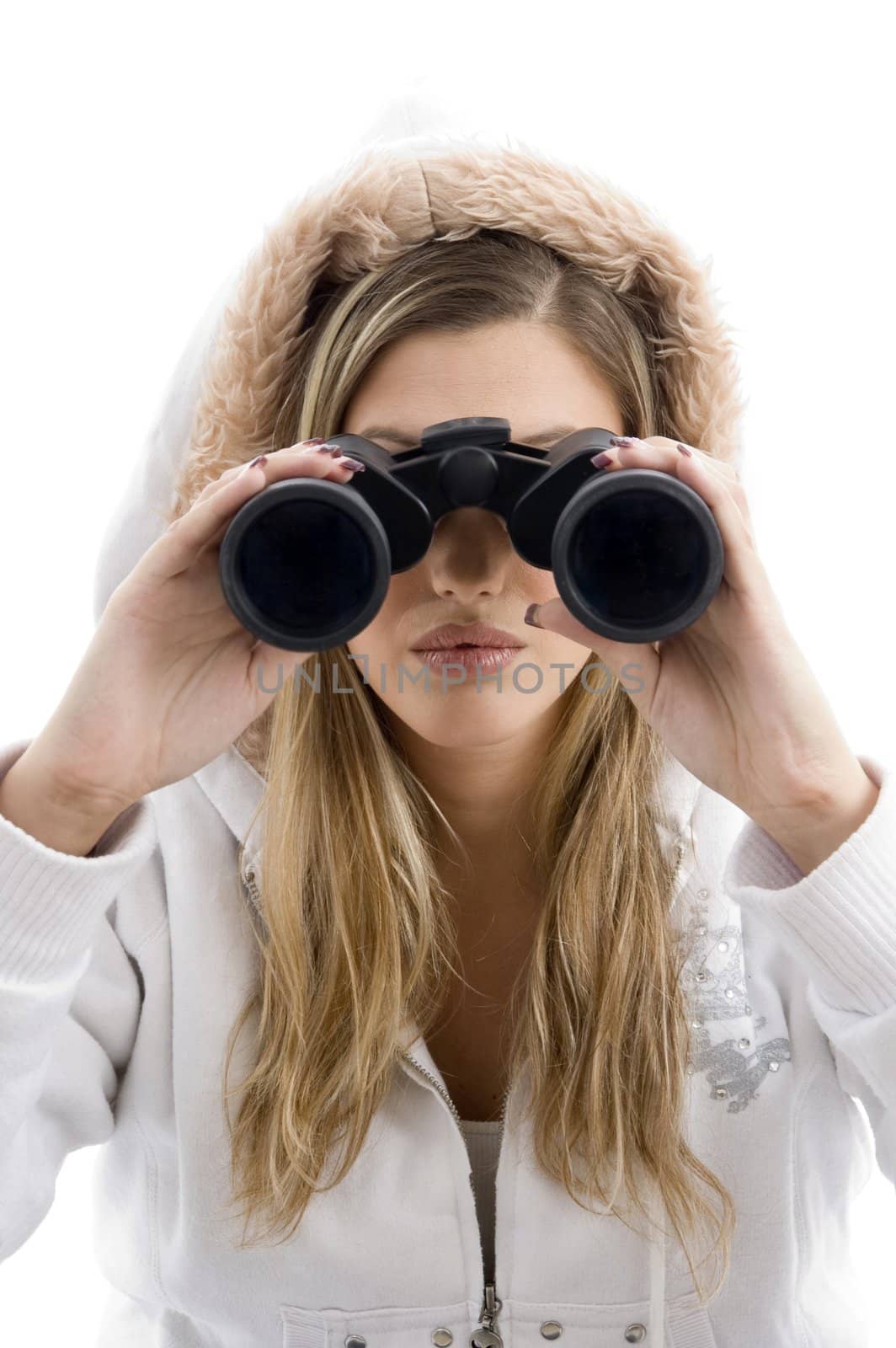 professional photographer eyeing with binoculars on an isolated white background